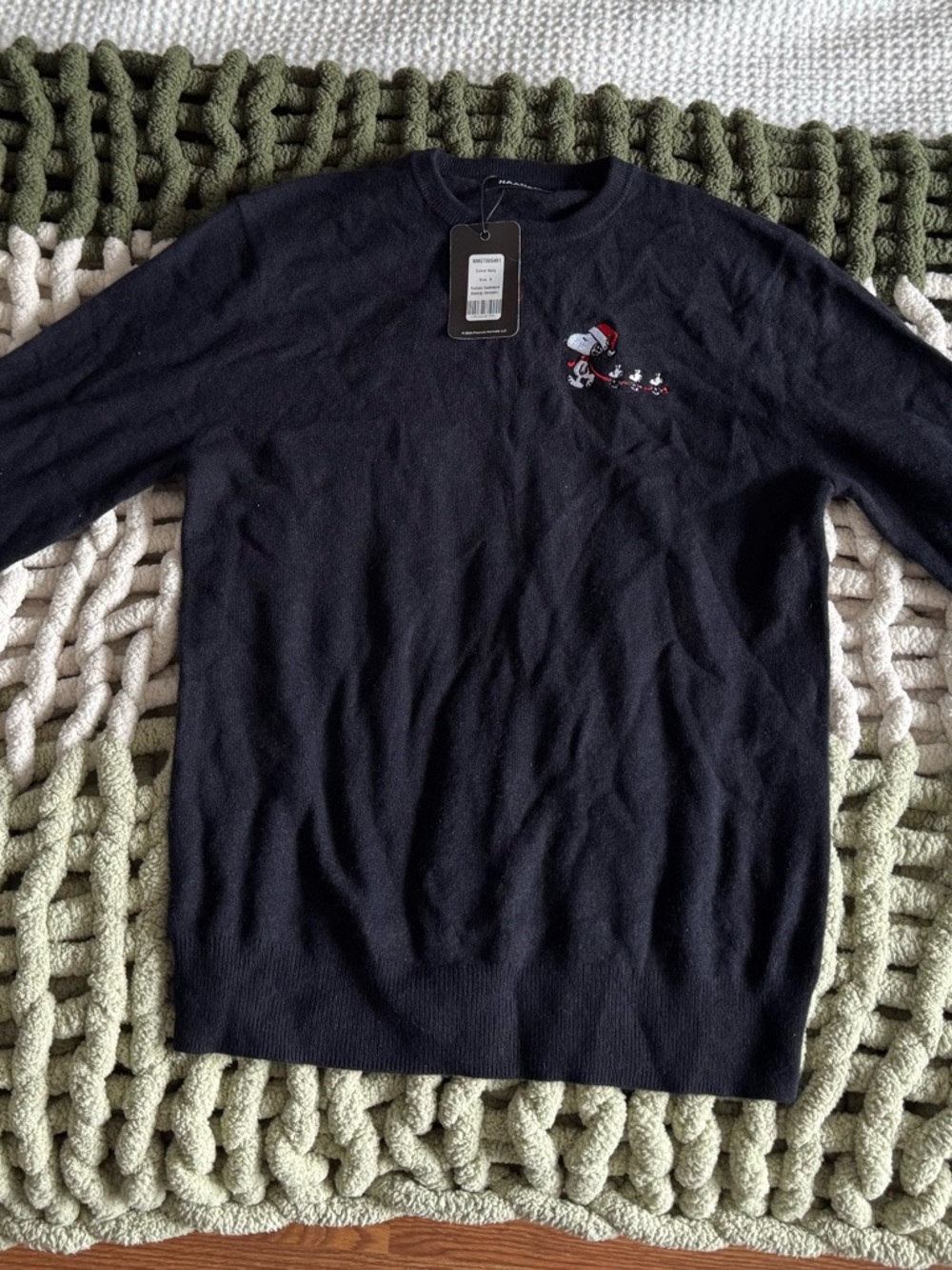 NAADAM Navy Blue Crewneck Sweater with Snoopy Embroidery